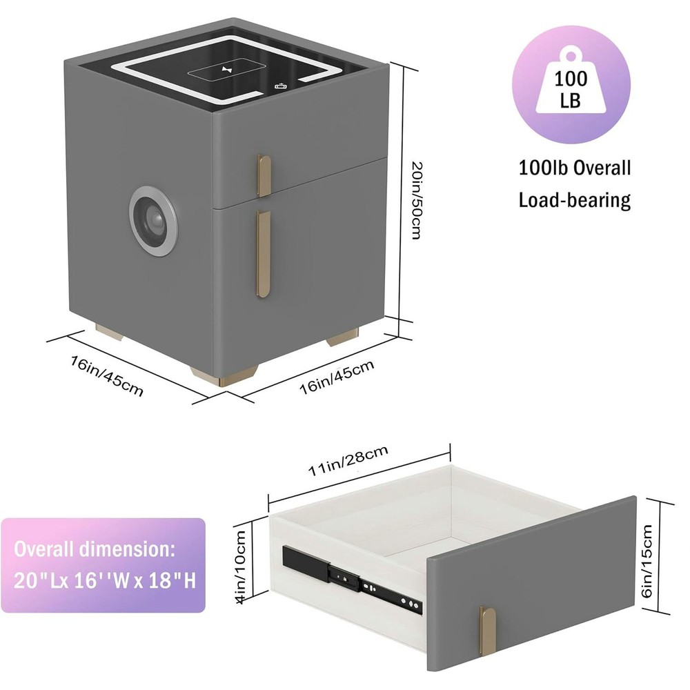 Smart Nightstand with Drawers and Safe,Wireless Charging Bluetooth Bedside Table