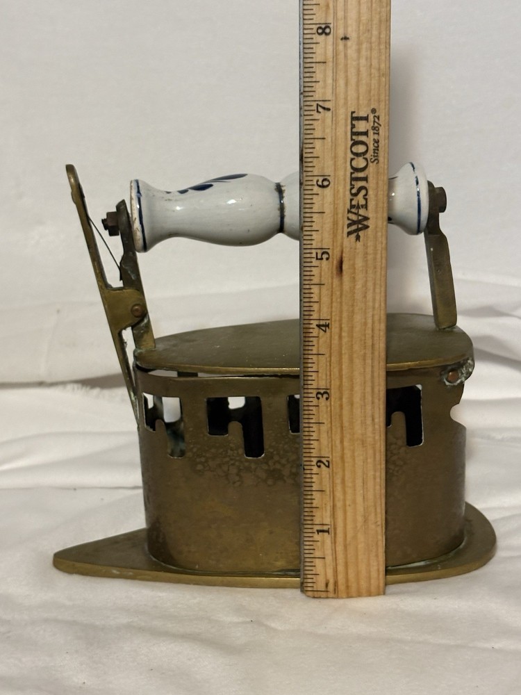 Antique Solid Brass Coal Iron Pottery Handle Dutch Delft White And Blue Handle