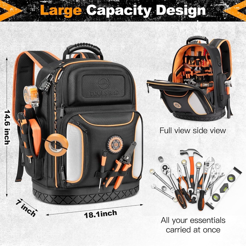 Professional Tool Backpack with 75 Pockets & Pull-Out Storage - Black & Orange