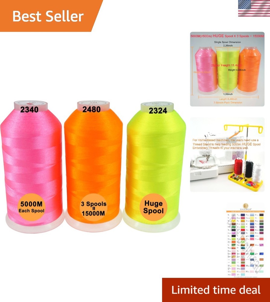 Durable Neon Polyester Embroidery Threads: 3 x 5000M Spools at Unmatched Prices