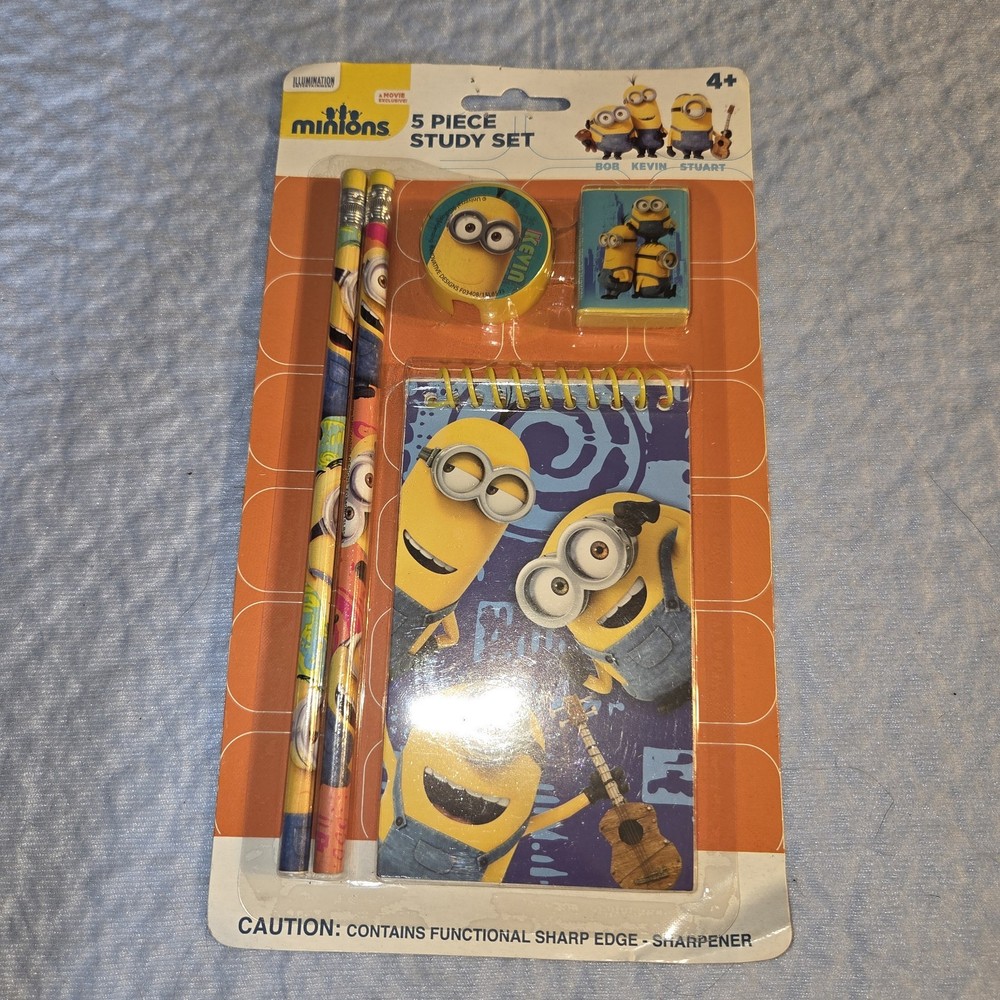 Minions 5 Piece Study Set. New Pencils, Sharpener, Eraser Notepad Item 1082