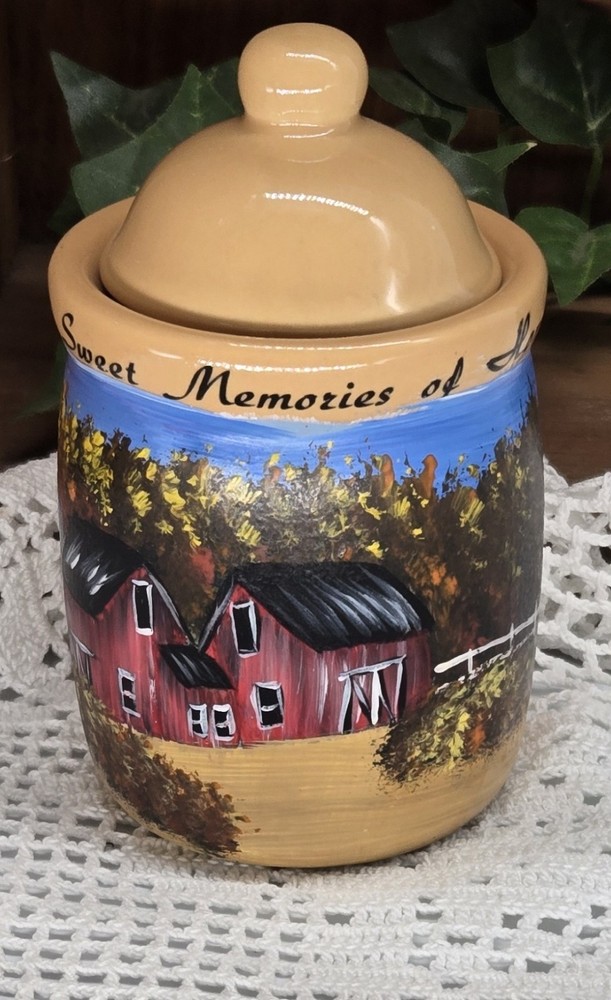 ceramic container w/ fall barn (26069) hand painted