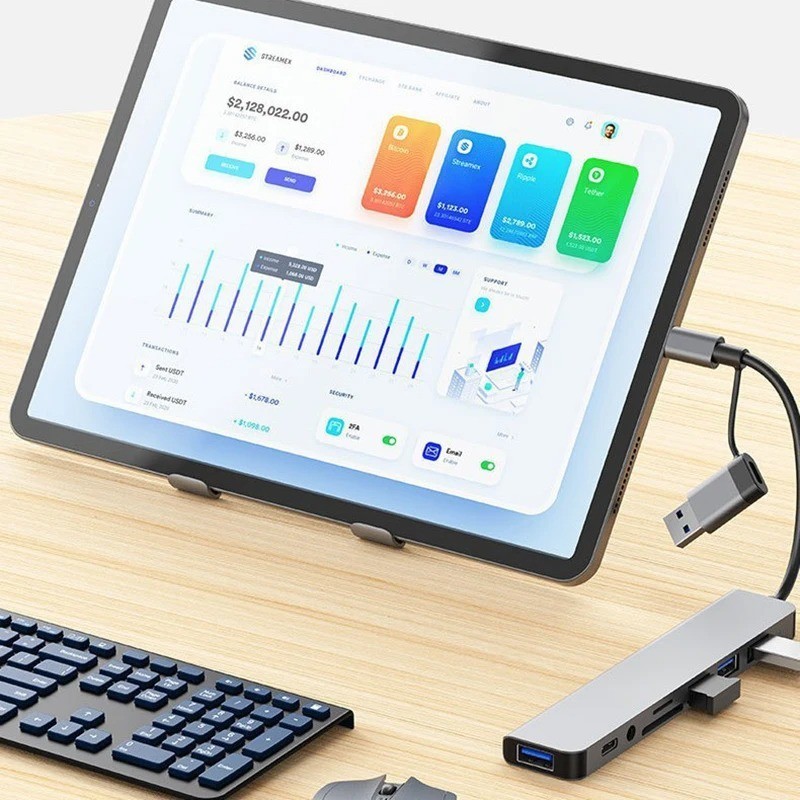 8-in-2 USB Type-C Hub Docking Station Audio Jack Micro SD Reader Adapter