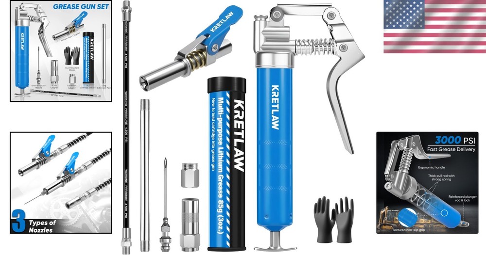 Ergonomic Mini Grease Gun 3000 PSI - Complete Kit with Adapters & Needles