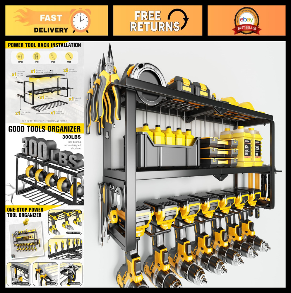 Heavy Duty Wall Mount Tool Organizer - 300Lbs Capacity, 3 Layers, 7 Drill Holder