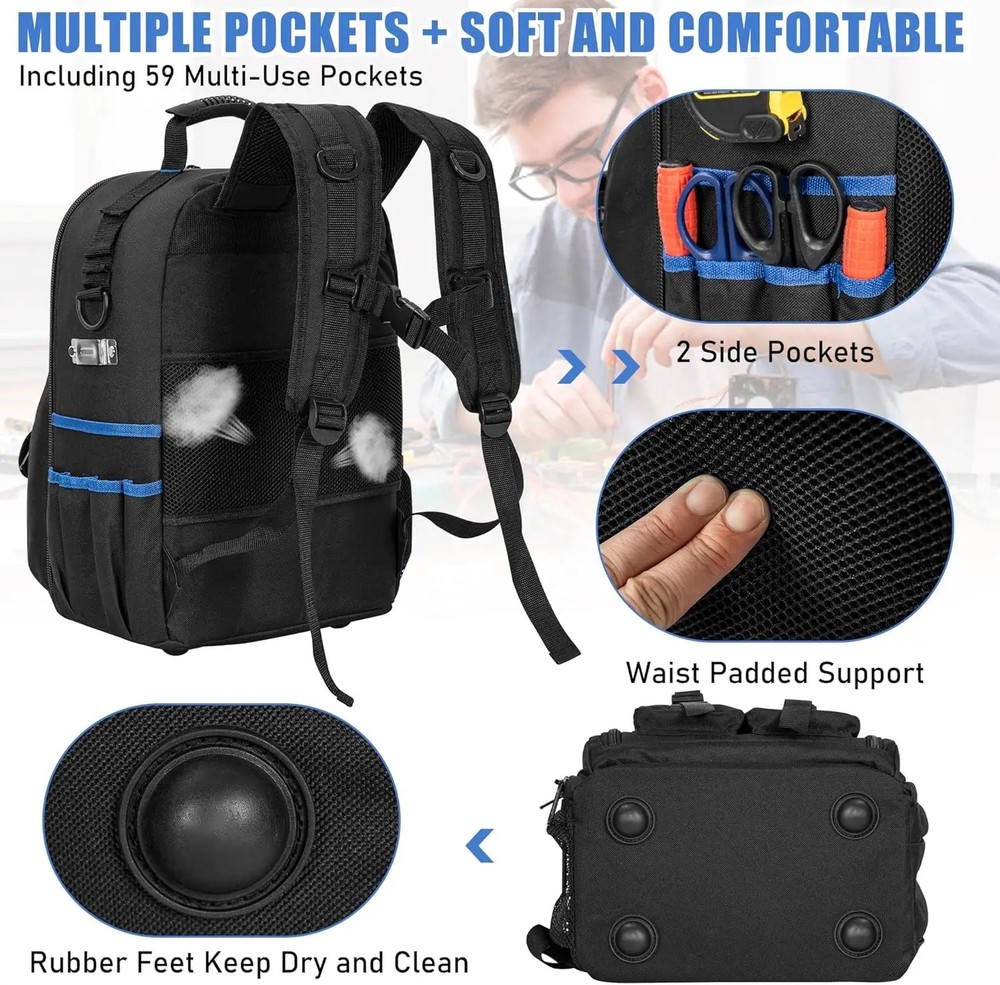 Waterproof Tool Backpack Tool Bag Rubber Base Heavy Duty Tool Organizer Electric