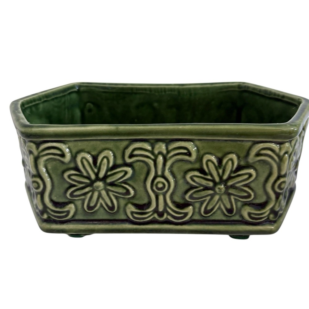 Vintage American Bisque Green Footed Rectangular Planter Floral Scroll 8.75 in