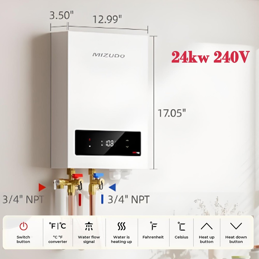 24KW Electric Tankless Water Heater 240V for Whole House On-Demand Hot Water