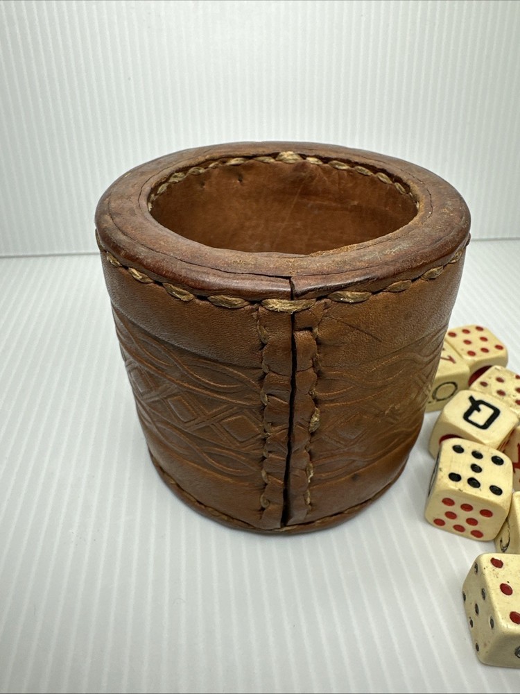 Vtg Leather Dice Cup & Spanish Poker Dice