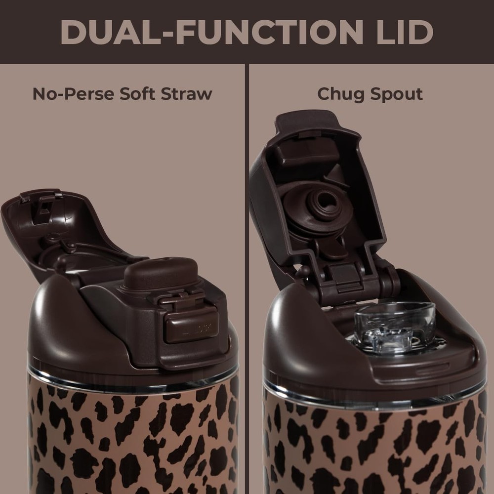 32oz Ease2o Brown Leopard Water Bottle: Straw & Chug Lid for Active Hydration