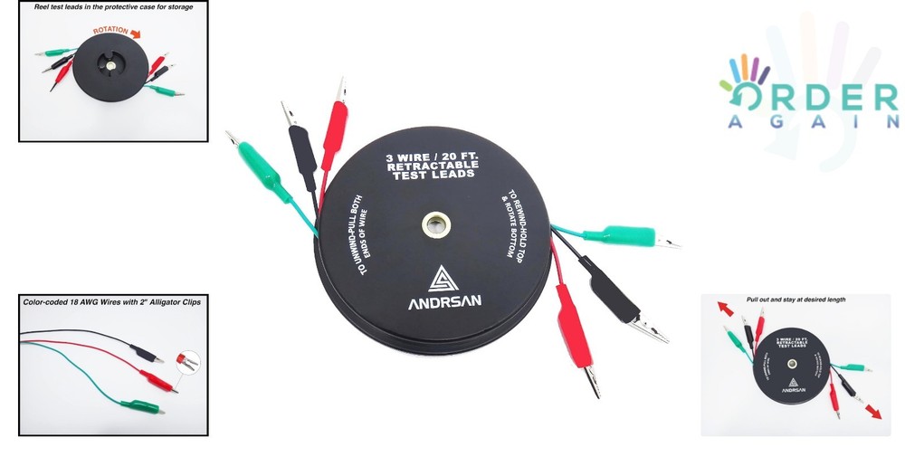 3 Wire 20 ft Retractable Leads with Clips for Electrical Testing