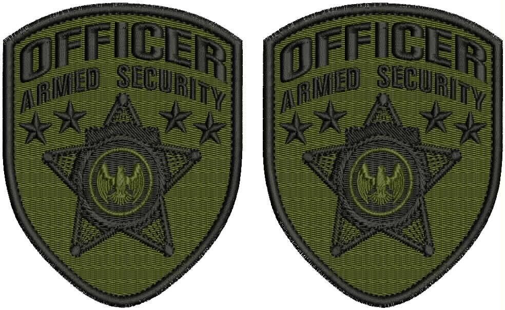 OFFICER ARMED SECURITY 2 EMB PATCH SHOULDER 4.5X3.75 HOOK ON BACK BLACK OD GREEN