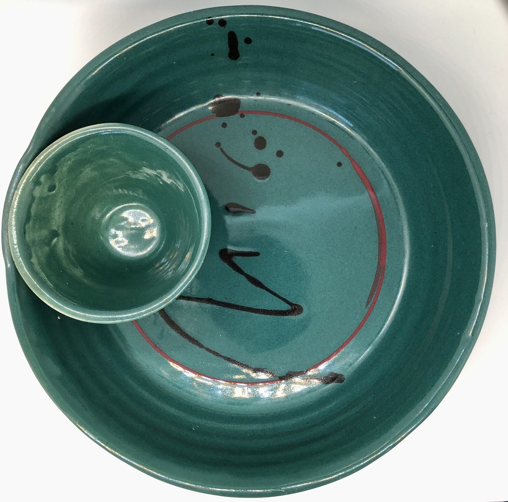 Teal Ceramic Chips & Dip Serving Bowl Abstract Design 10" Diameter