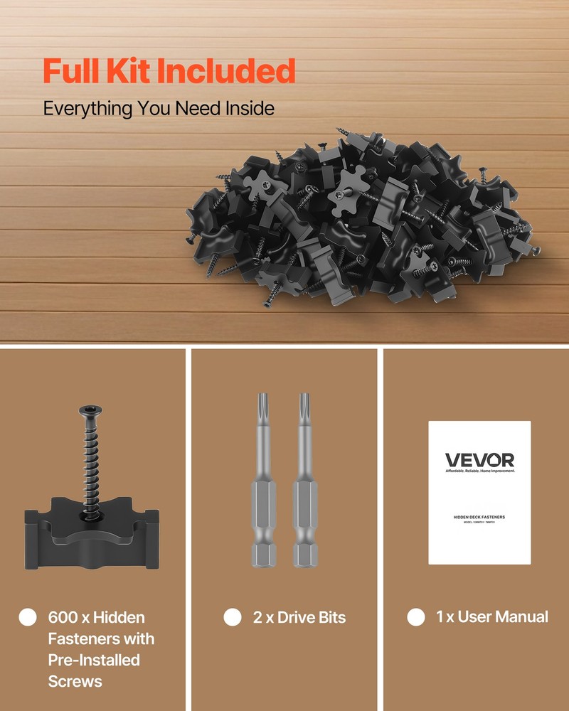 VEVOR 600PCS Hidden Deck Fasteners for Composite Decking Universal T Clips Black