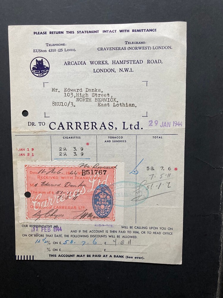 1944 Carreras cigarettes bill invoice advice