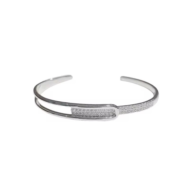925 Solid Sterling Silver Cubic Stone Open Cuff Bangle Bracelet With A Gift Bag