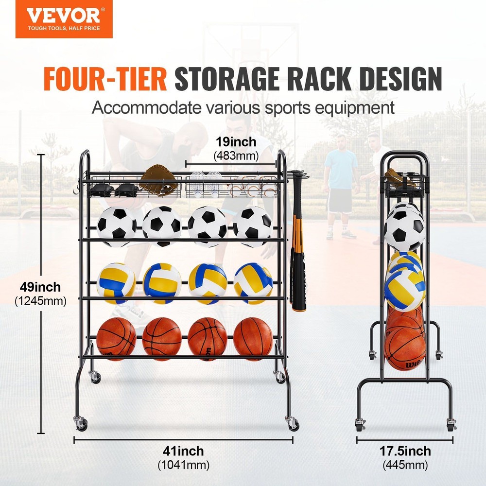 4-Layer Steel Ball Rack w/ 4 Locking Casters 3 Hooks & 2 Removable Baskets