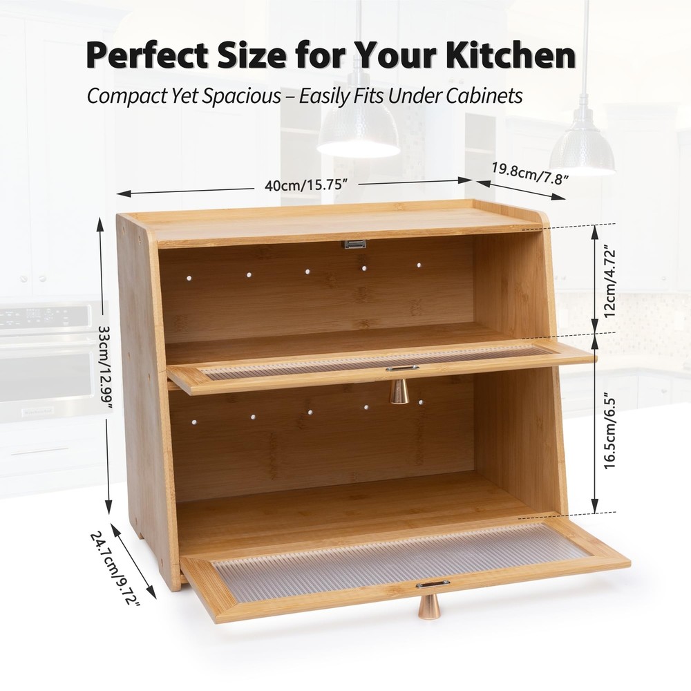 Bamboo Bread Box 2 Layers for Kitchen Counter-Large Capacity Bread Storage Co...