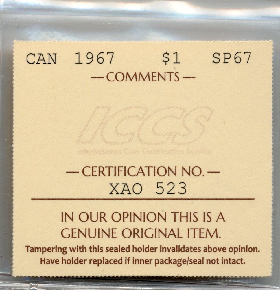 1967 Canada $1 Centennial Issue, Superb Gem Specimen, ICCS SP67