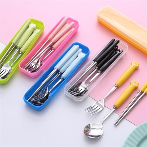 Cute Silverware Set, Cat Paw Ceramic Handle FORK SPOON WITH CASE Black