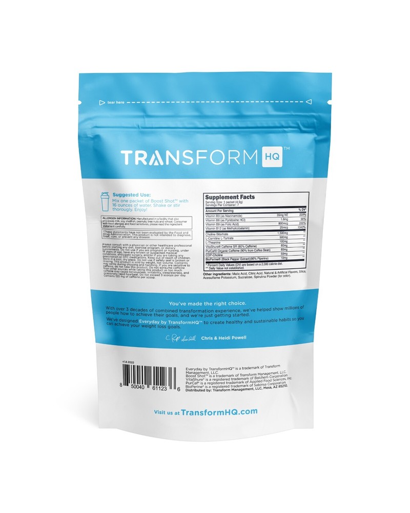 TransformHQ Boost Shot Powder Stick Packets, Blue Raspberry Energy - 7 Pack