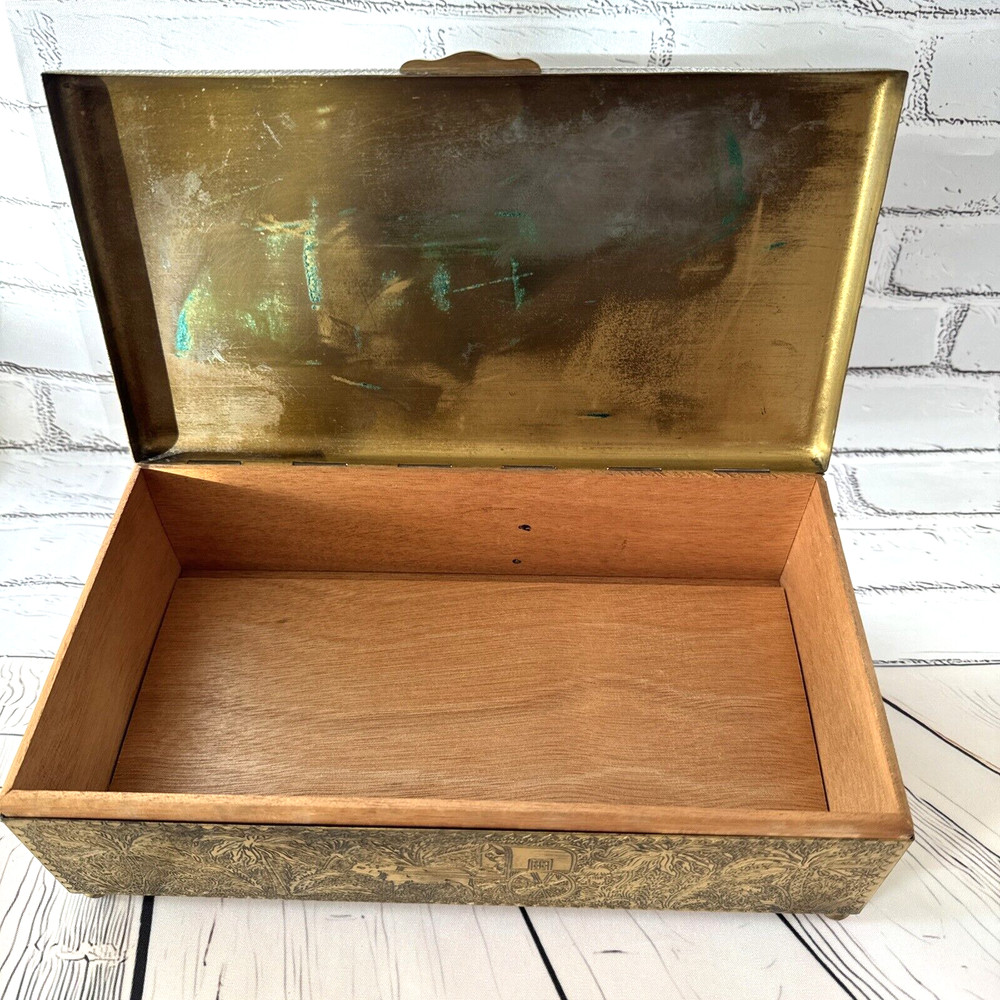HAND TOOLED ENGRAVED SOLID BRASS STASH BOX CHEST ELEPHANT OX LION ELK HUNTER