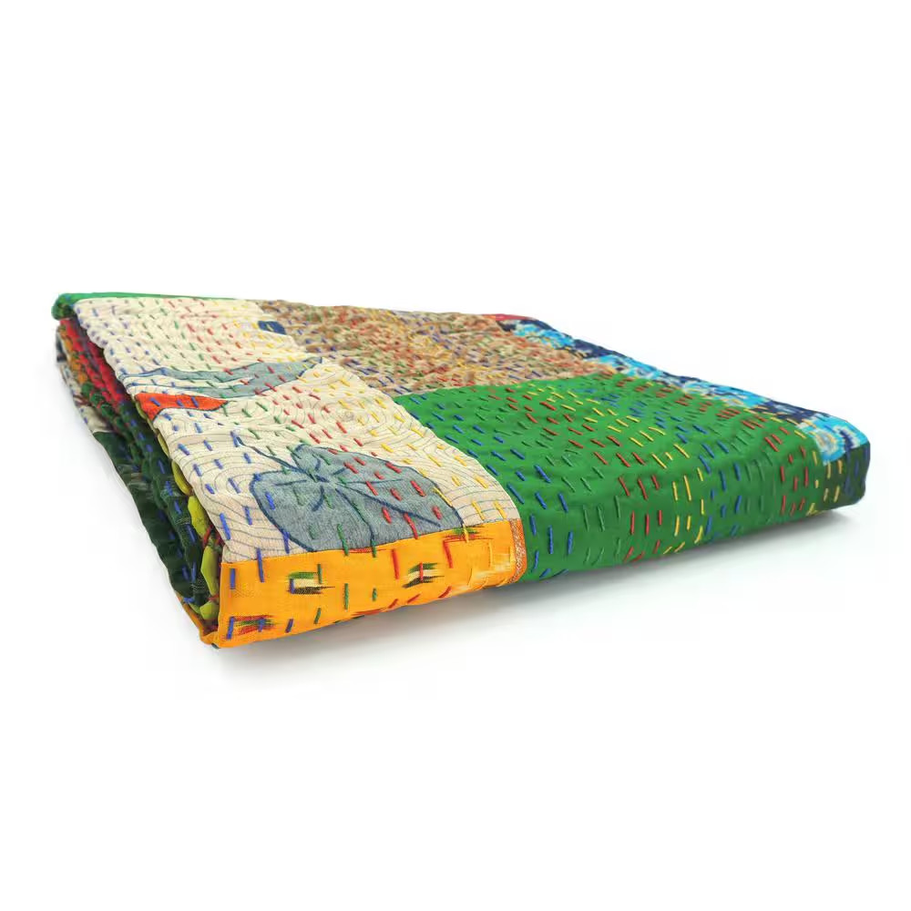 Faith Multicolored Patchwork Hand-Stitched All Natural Cotton Blend Throw Blanke