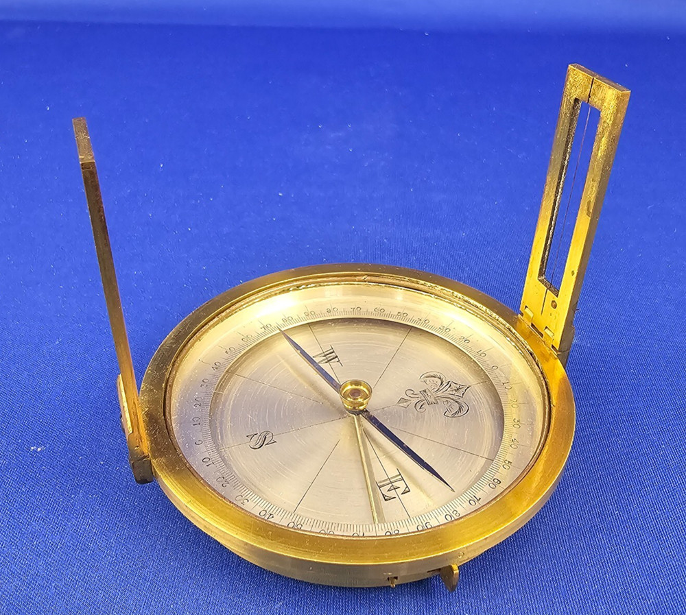 Antique Brass Surveyor's POCKET COMPASS Functioning Needle Lock Original Case