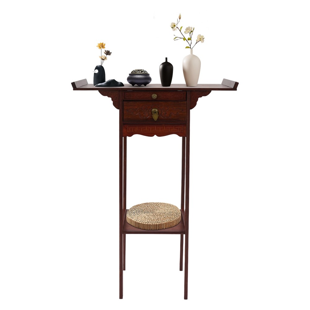 Meditation Altar Table With Pull-out Storage Board And Exquisite Carving