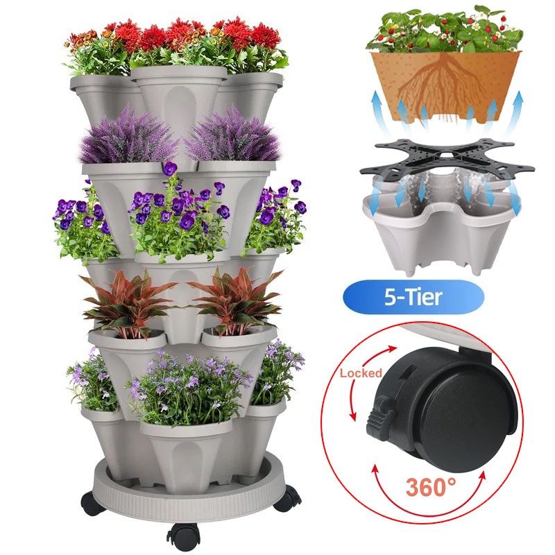 5-Tier Stackable Planters Vertical Planter Garden Flower Pot w/ 360° 5 Wheels US