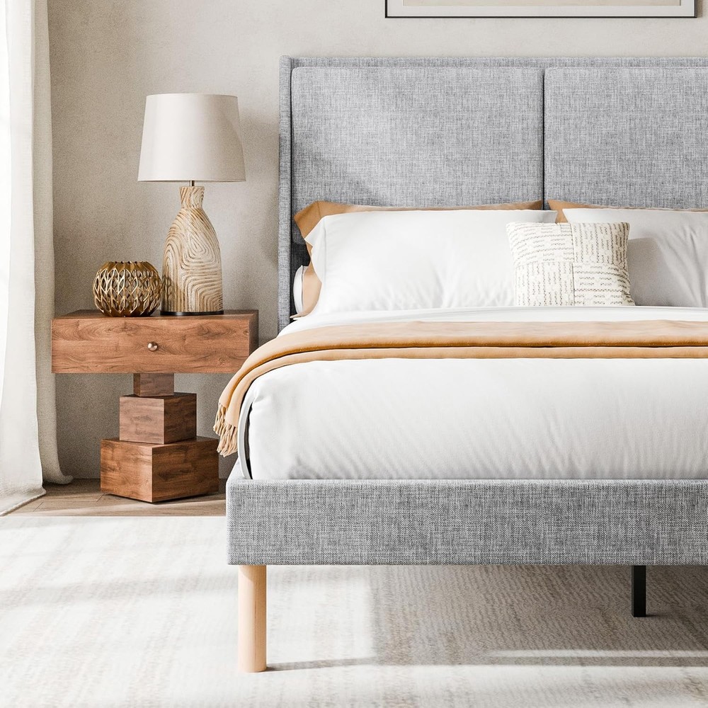 Full Size Upholstered Platform Bed Frame with 51.2"Tall Wingback Headboard Metal