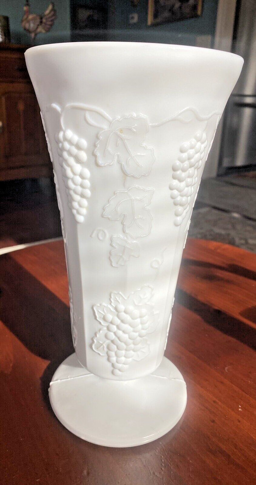 Faux Milk Glass 10" Grape Pattern  Vase