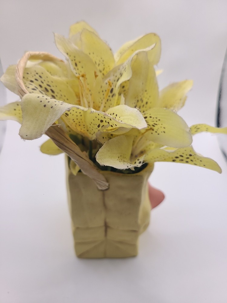 Duck ceramic yellow paper bag planter with texture. Hand painted. Dayna Brown