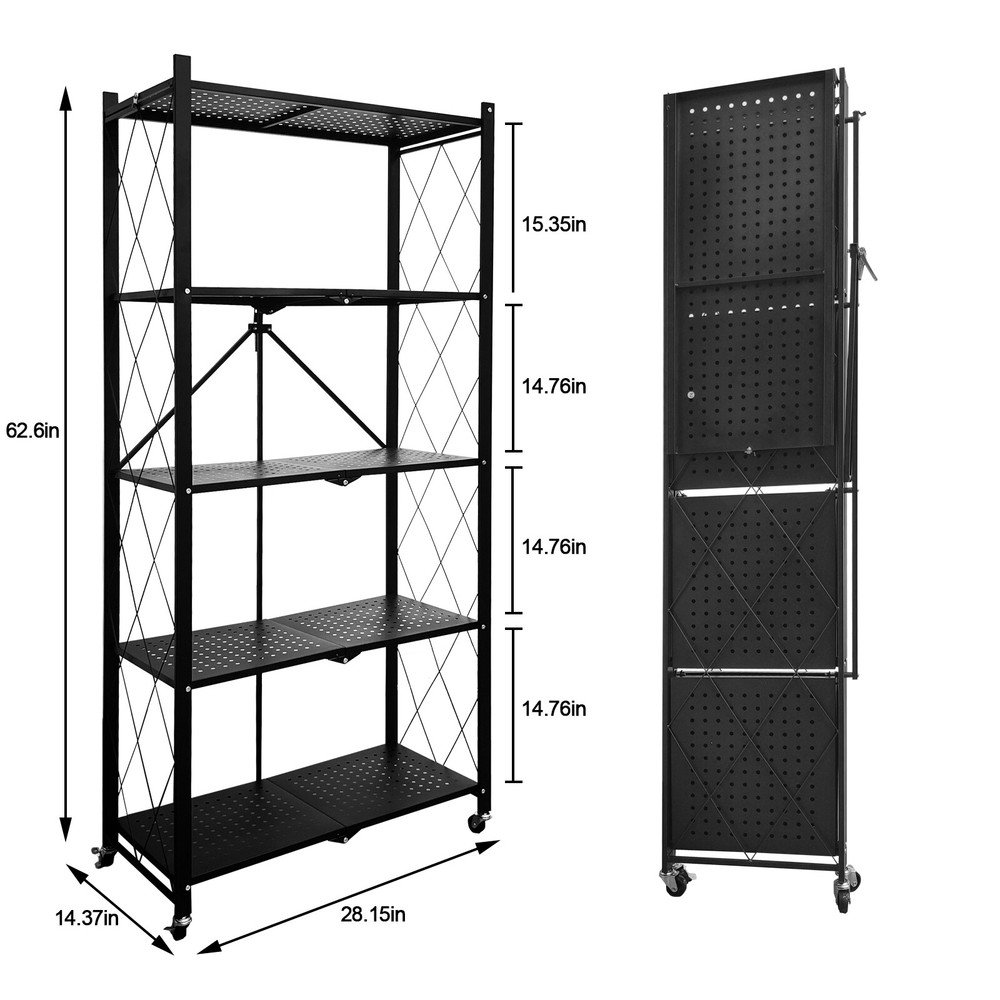 2 Pack Folding Shelves 5 Tier Heavy Duty Metal Rack w/ Wheels for Garage Kitchen