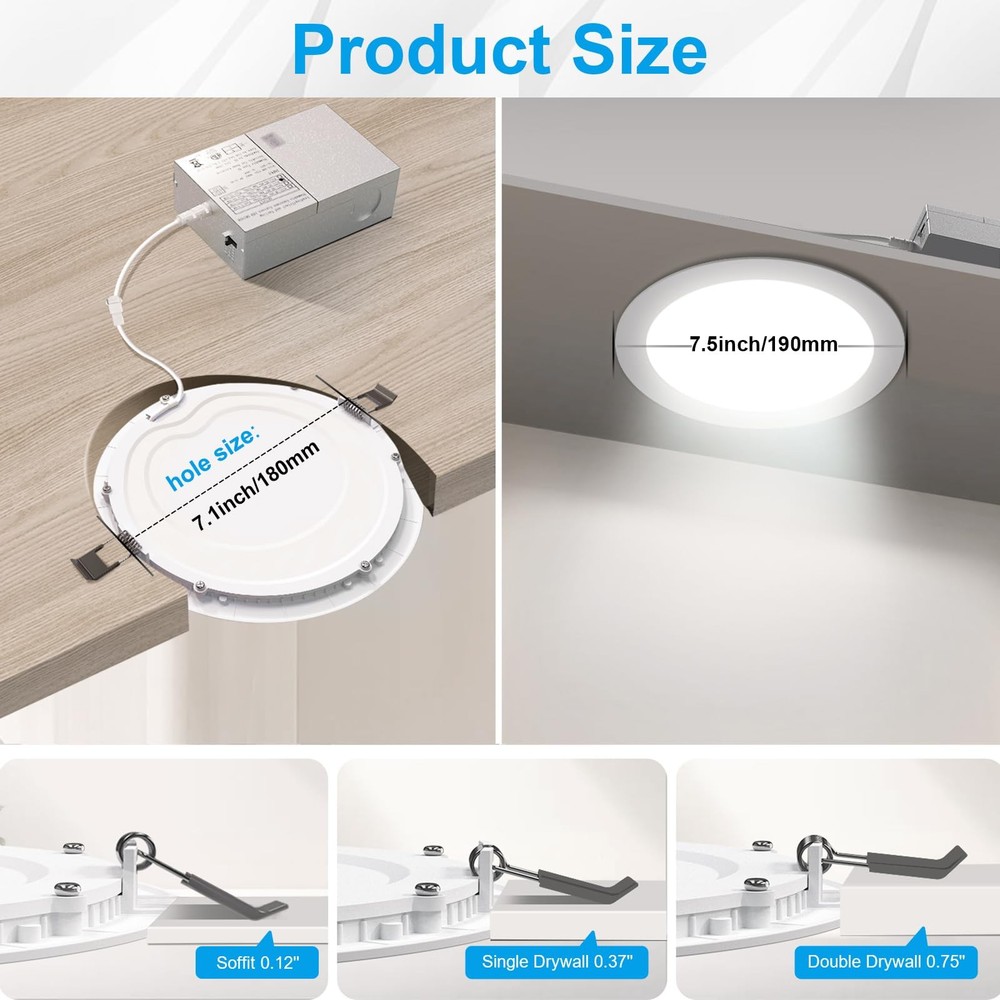 Elaruslux 4-Pack 7" 3CCT Ultra-Thin LED Recessed Light w/ Junction Box