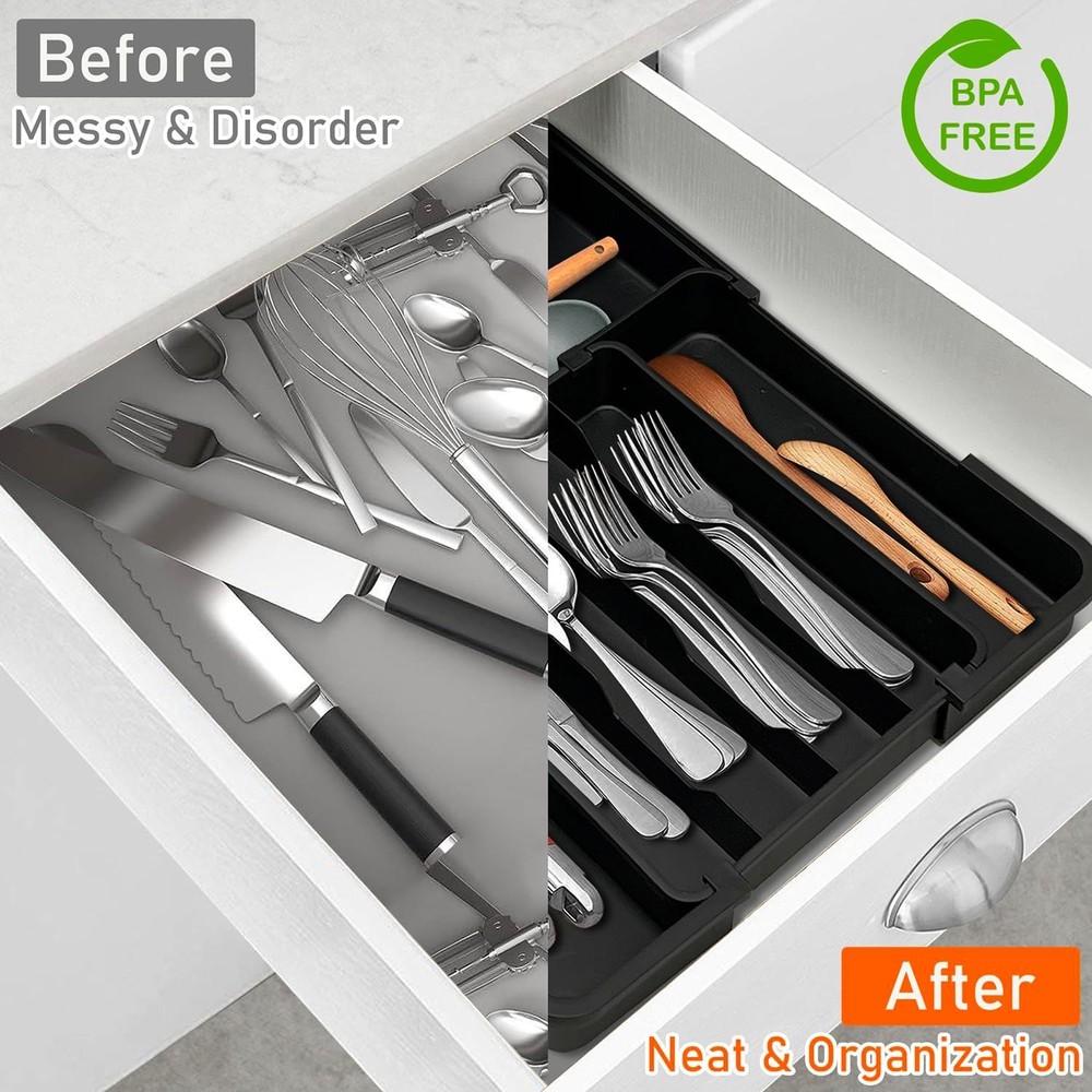 Silverware Organizer - Expandable Kitchen Drawer Organizer, Utensil Black