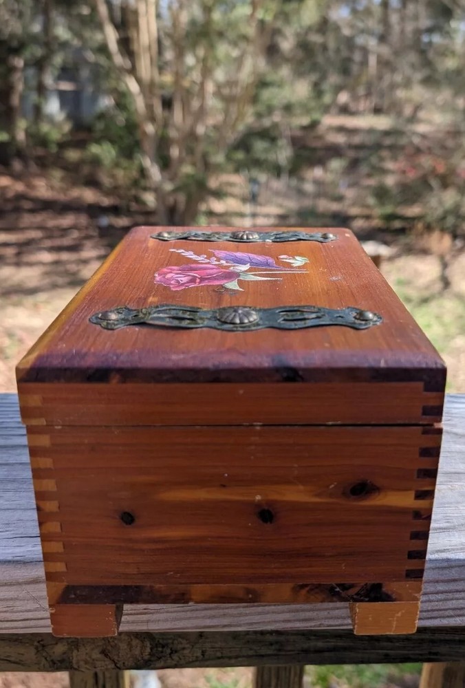 Mini Cedar Chest With Rose Design Vintage Well Kept