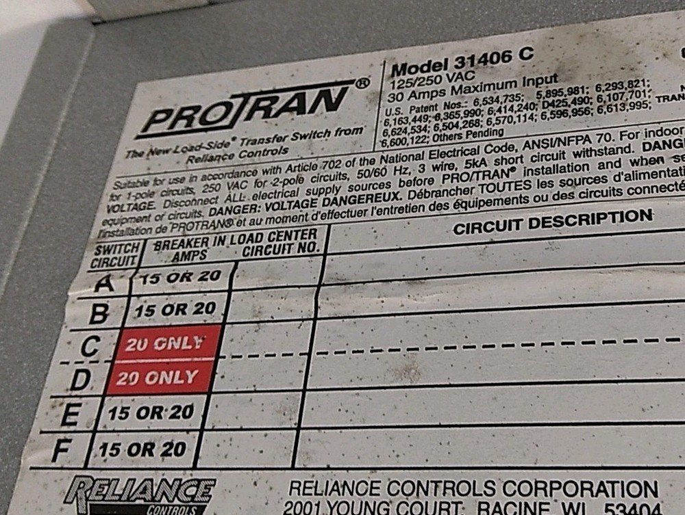 Reliance Controls ProTran Model 31406C Generator Transfer Switch
