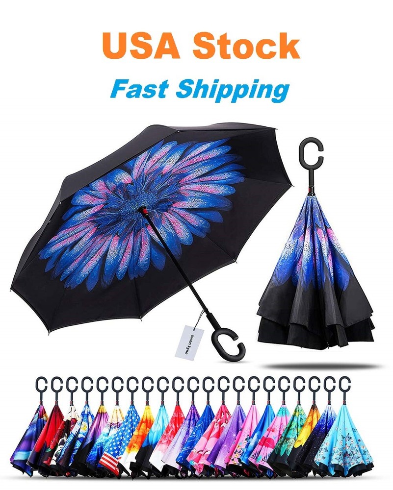 C-Handle Inverted Reverse Umbrella, Flower print (Inside-out, Upside-down)
