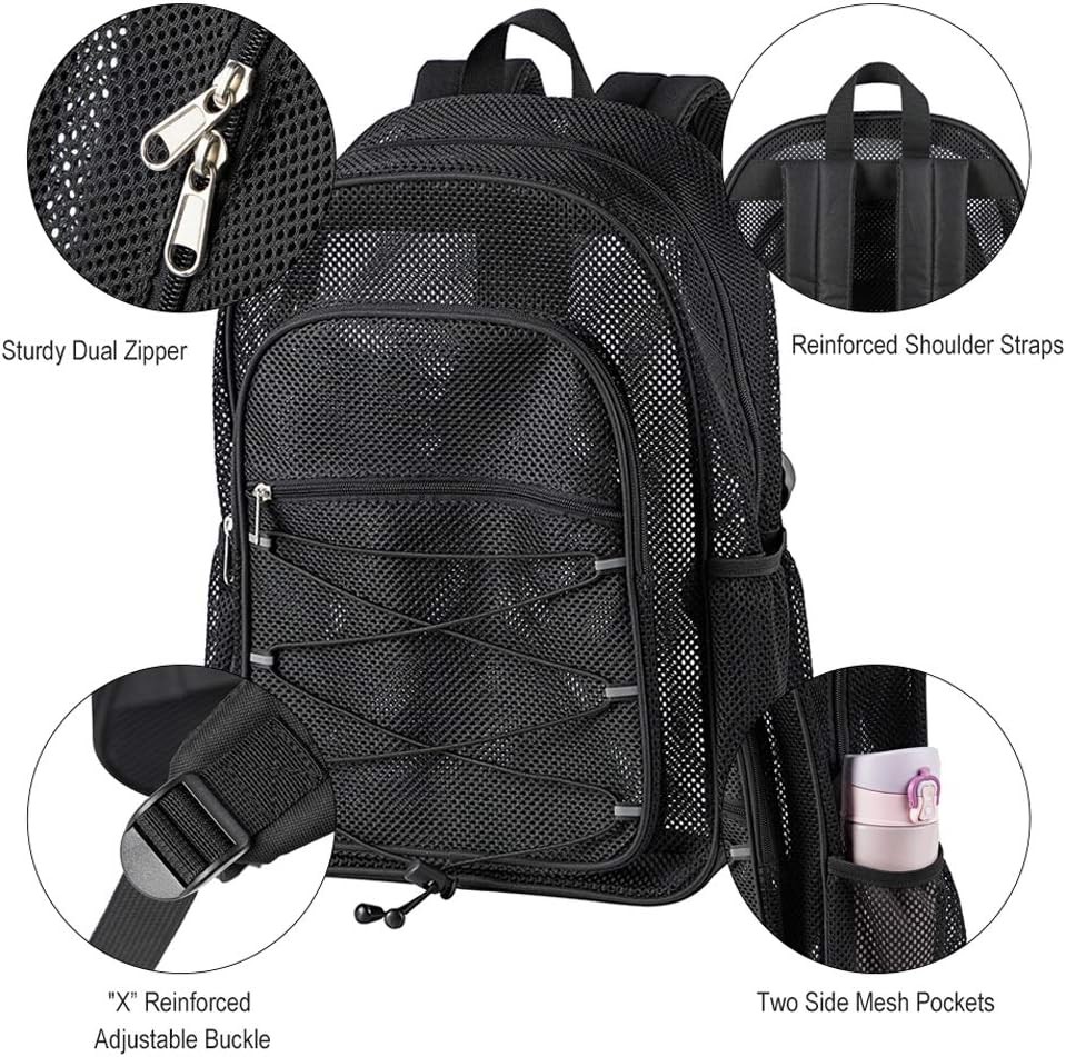 Heavy Duty Mesh Backpack, See Through College Black