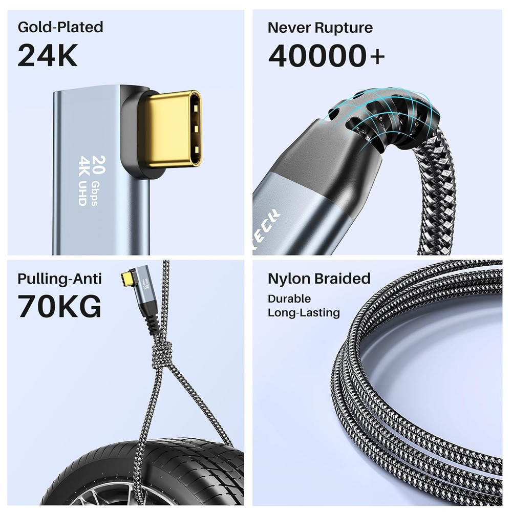 Zeroneteck 12 Inch USB C Cable 1FT, 20Gbps High Speed Data Transfer Short, Right