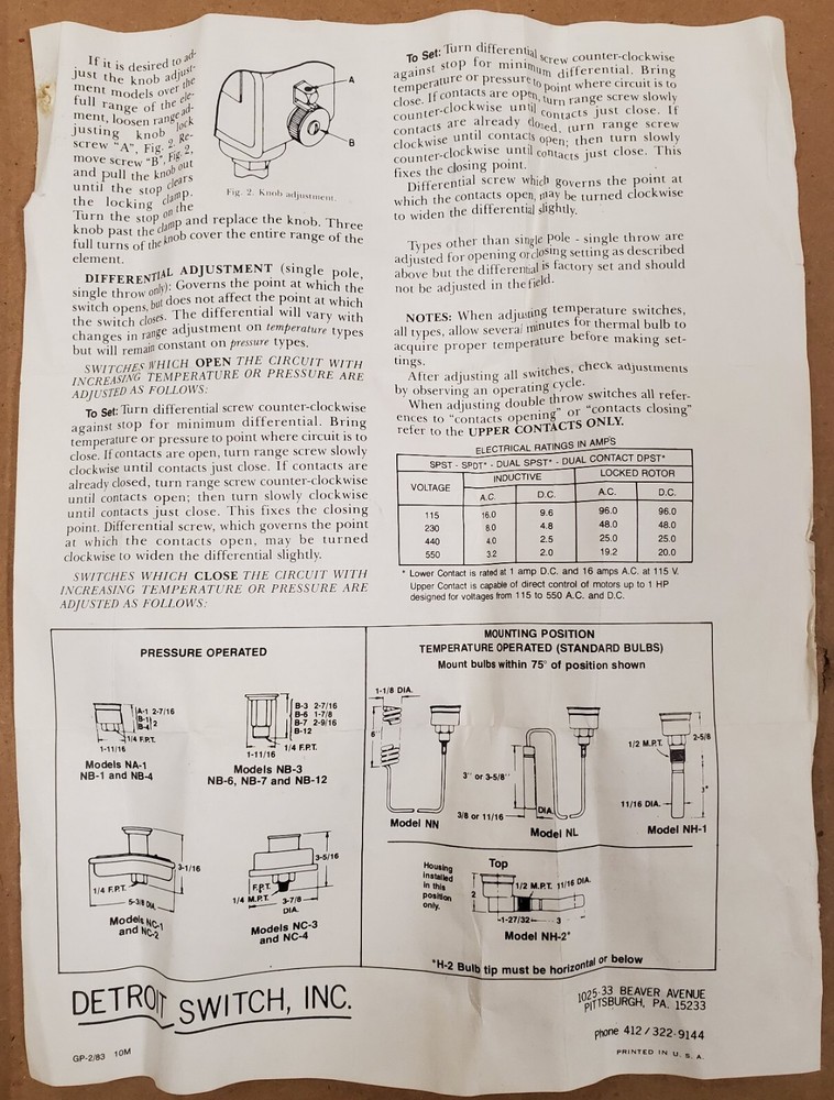Detroit Switch Inc. Pressure Control Switch 60-900 PSI