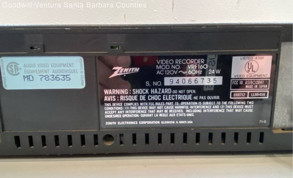 Zenith VRF160 Programmable VCR - Tested