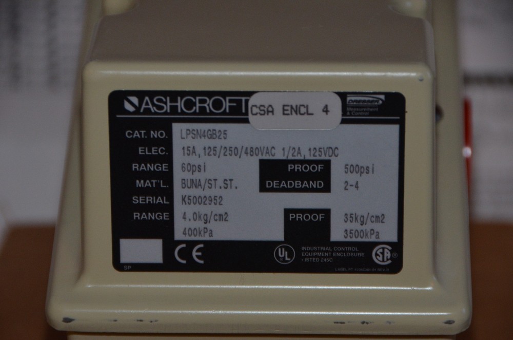 Ashcroft LPSN4GB25 PRESSURE SWITCH SNAP ACTION 60 PSI
