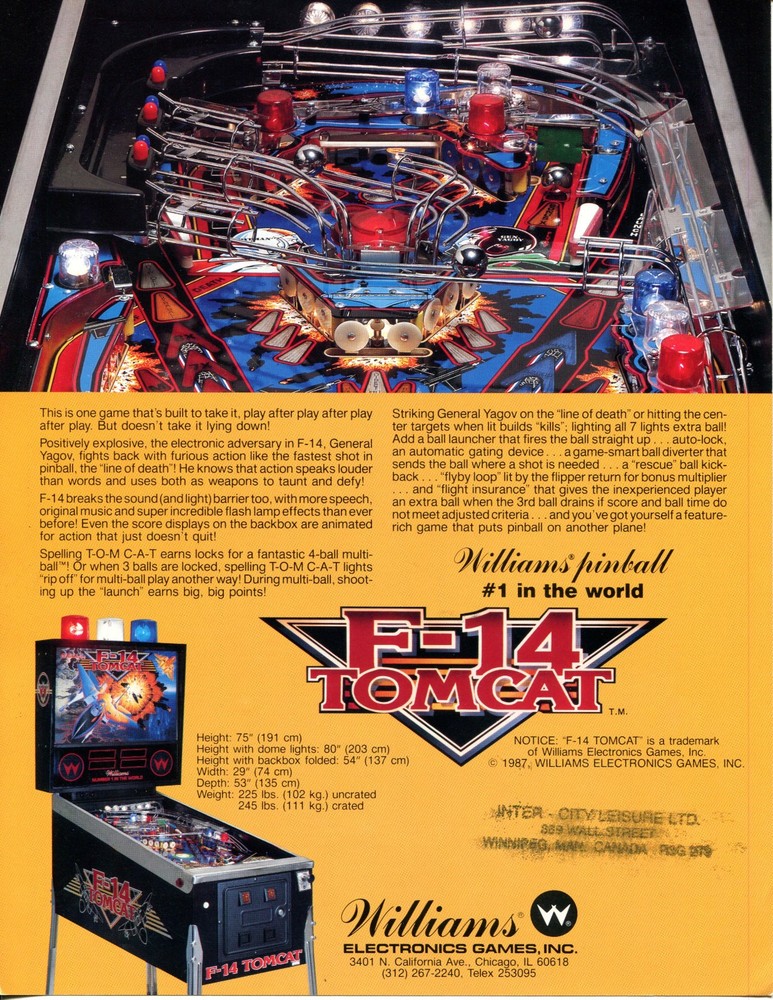 F-14 Williams Pinball Flyer / Brochure/ Ad - Nice