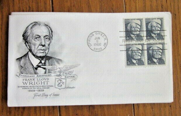 ARCHITECT FRANK LLOYD WRIGHT PORTRAIT 1966 ARTMASTER CACHET STAMP BLOCK FDC UNAD