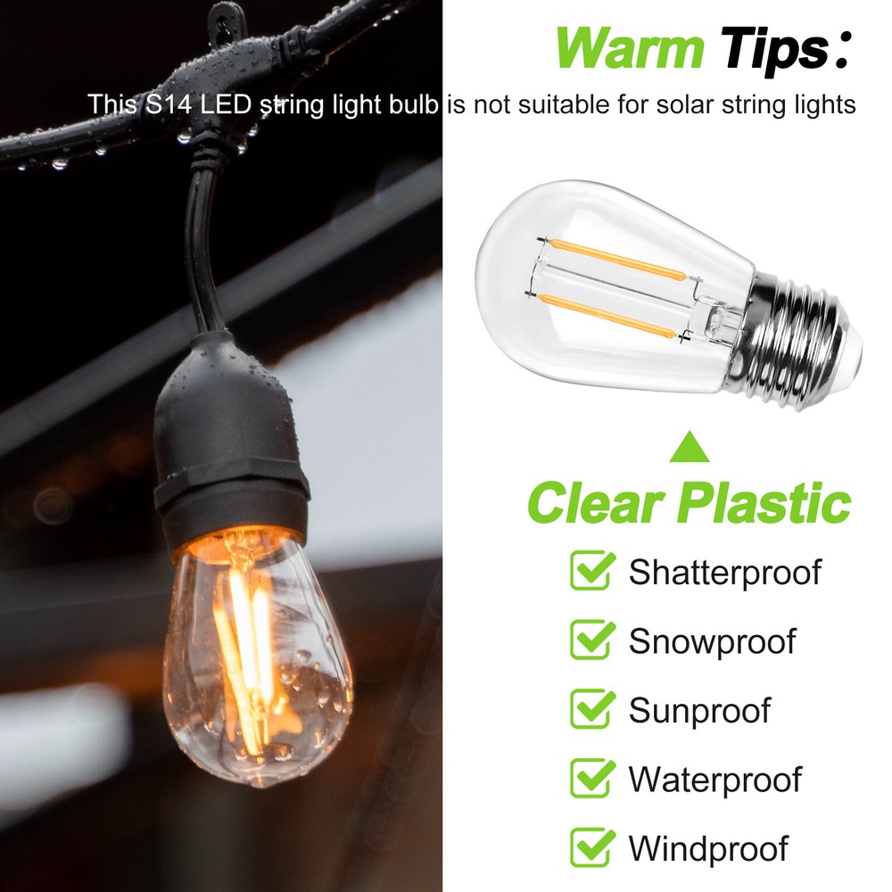 S14 E26 LED Bulbs Outdoor Edison Lights 2W, 15Pack for String Light Replacement