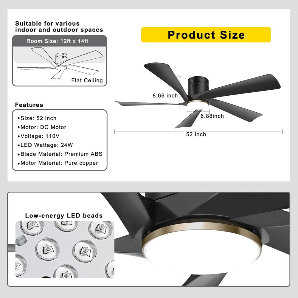 52” Low Profile Ceiling Fan with Lights, Remote & APP Control Modern Flush Mount