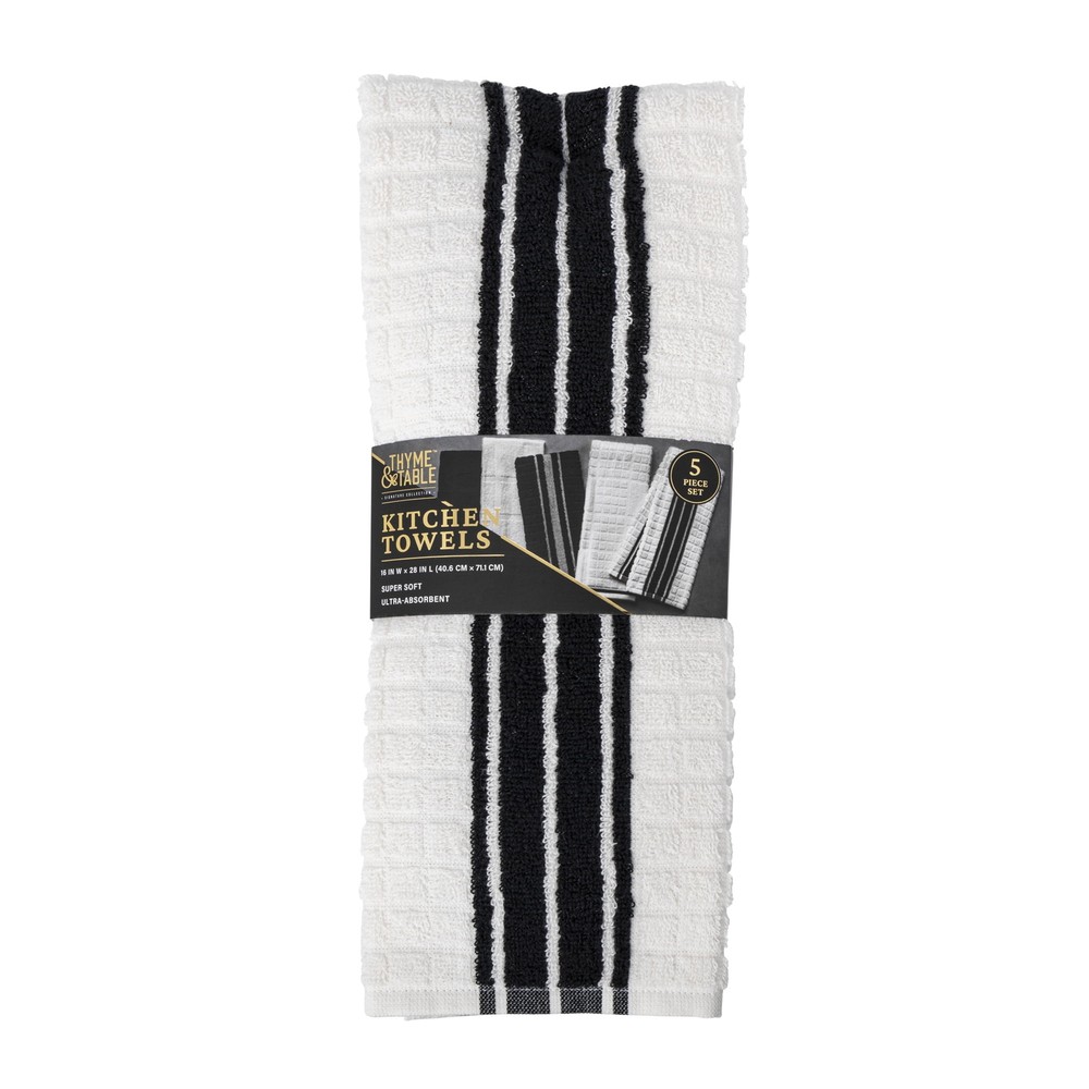 Kitchen Towels, White & Black, 5 Pack Set