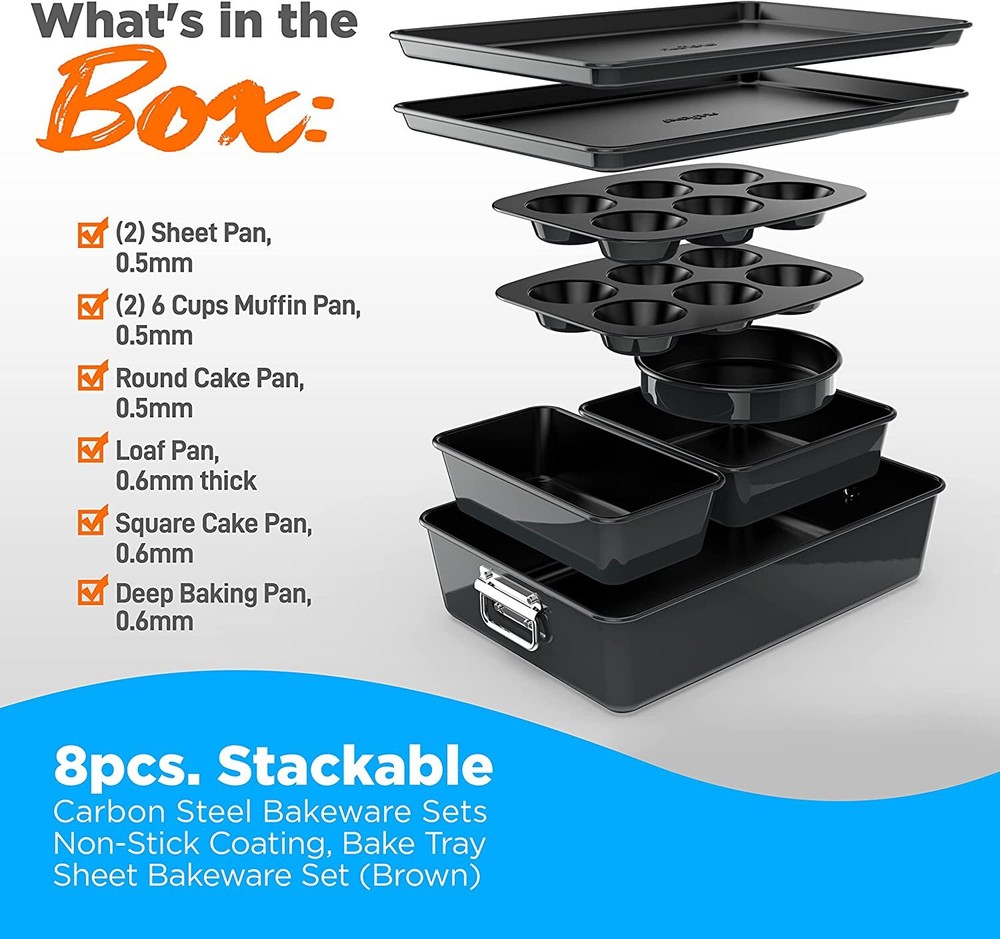 Nutrichef NCBKSTK3 8Pc Stackable Carbon Steel Bakeware-Blac